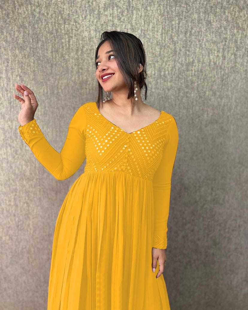 Ynf Faux Georgette RIN222 LEMON Gowns Wholesale Embroidery Gowns Georgette Gown Designer Gowns Manufacturer