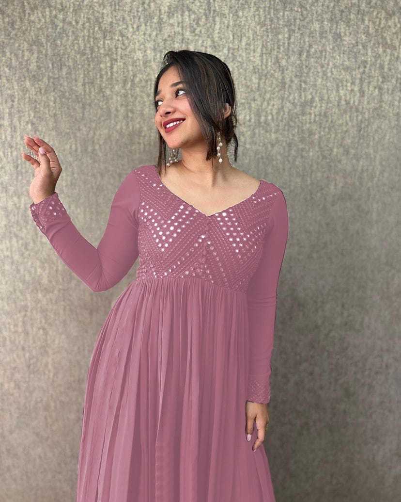 Ynf Faux Georgette RIN222 LEMON Gowns Wholesale Embroidery Gowns Georgette Gown Designer Gowns Manufacturer