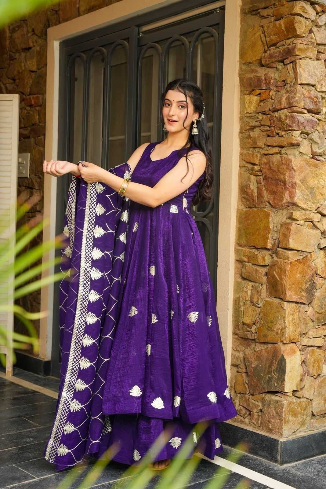 Ynf Faux Georgette RIN222 SAHI Gowns Wholesale Embroidery Gowns Georgette Gown Purple Gown Manufacturer