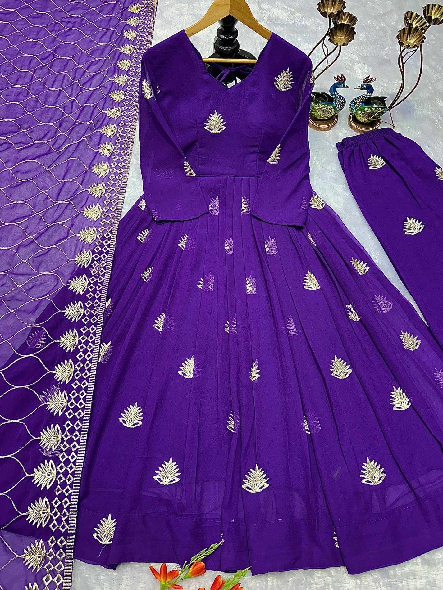 Ynf Faux Georgette RIN222 SAHI Gowns Wholesale Embroidery Gowns Georgette Gown Purple Gown Manufacturer