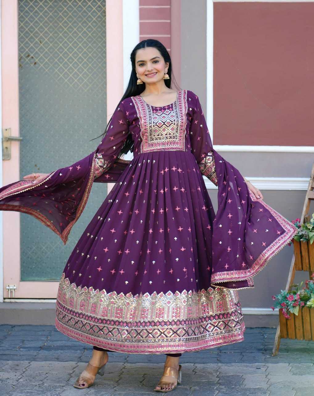 Ynf Faux Georgette RIN232 50 Gowns Wedding Collections Festive Collections Wholesale Georgette Gown Embroidered Gown Sequin Gowns Manufacturer