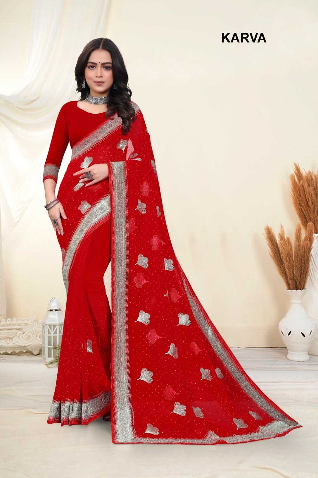 Ynf Georgette KESH114 KARVA Sarees Wholesale Georgette Sarees Embroidered Sarees Swarovski Sarees Manufacturer
