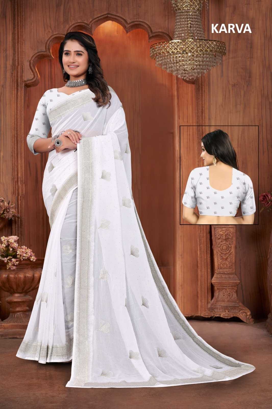 Ynf Georgette KESH114 KARVA Sarees Wholesale Georgette Sarees Embroidered Sarees Swarovski Sarees Manufacturer