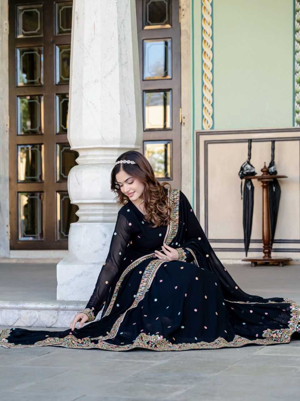 Ynf Georgette KESH507 1020 Gowns Wholesale Embroidery Gowns Georgette Gown Black Gown Manufacturer