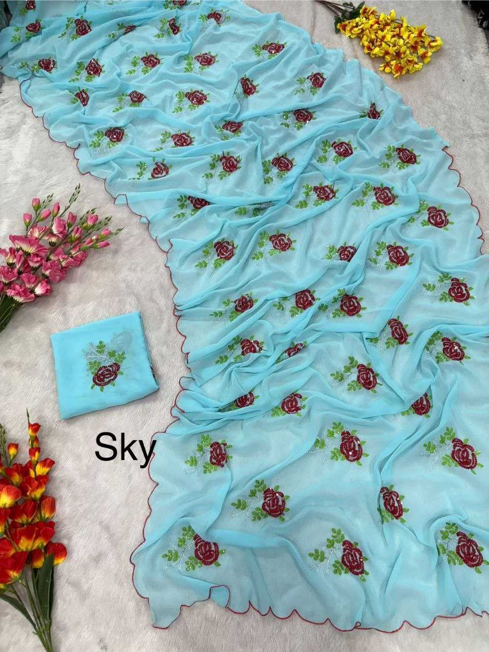 Ynf Georgette KESH508 69 Sarees Wholesale Georgette Sarees Sequins Work Saree Cutwork Saree Manufacturer