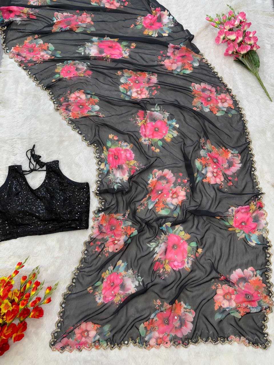 Ynf Georgette KESH508 72 Sarees Wholesale Georgette Sarees Hand Work Sarees Mirror Work Saree Manufacturer