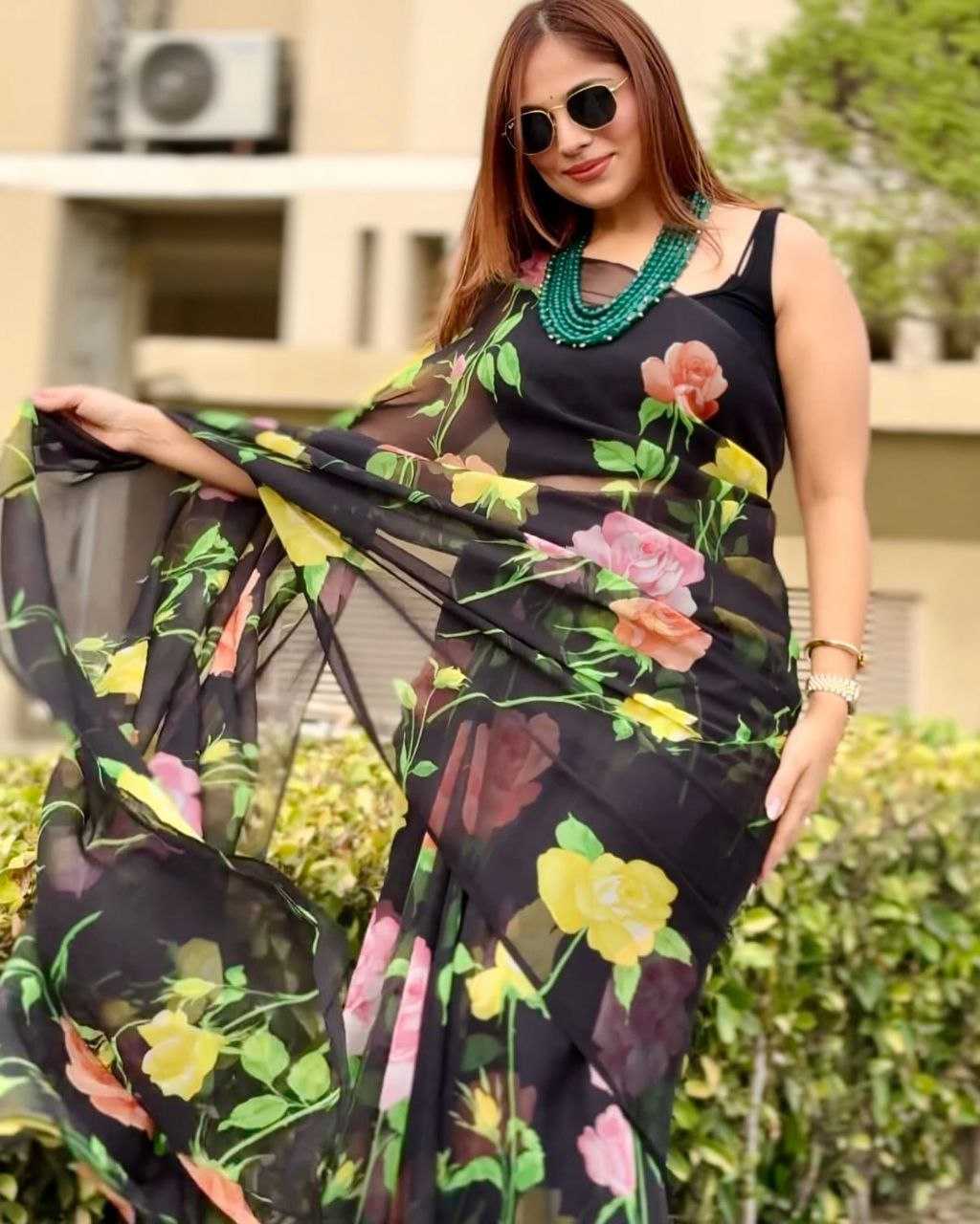 Ynf Georgette KESH518 4374 Sarees Wholesale Printed Sarees Georgette Sarees Black Sarees Manufacturer