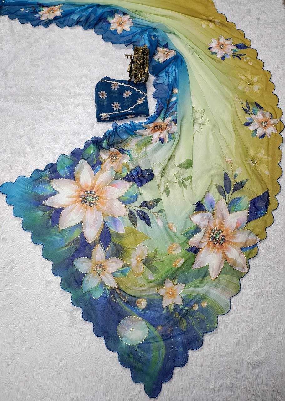 Ynf Georgette KESH518 4410 Sarees Wholesale Party Wear Sarees Fancy Sarees Hand Work Sarees Stone Work Saree Cutwork Saree Manufacturer