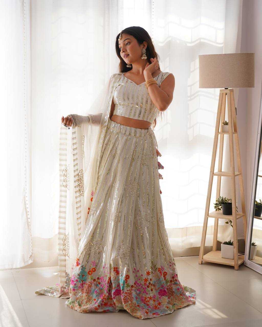 Ynf Georgette RIN133 33 Lehengas Wholesale Fancy Lehenga Sequins Lehenga White Lehenga Manufacturer