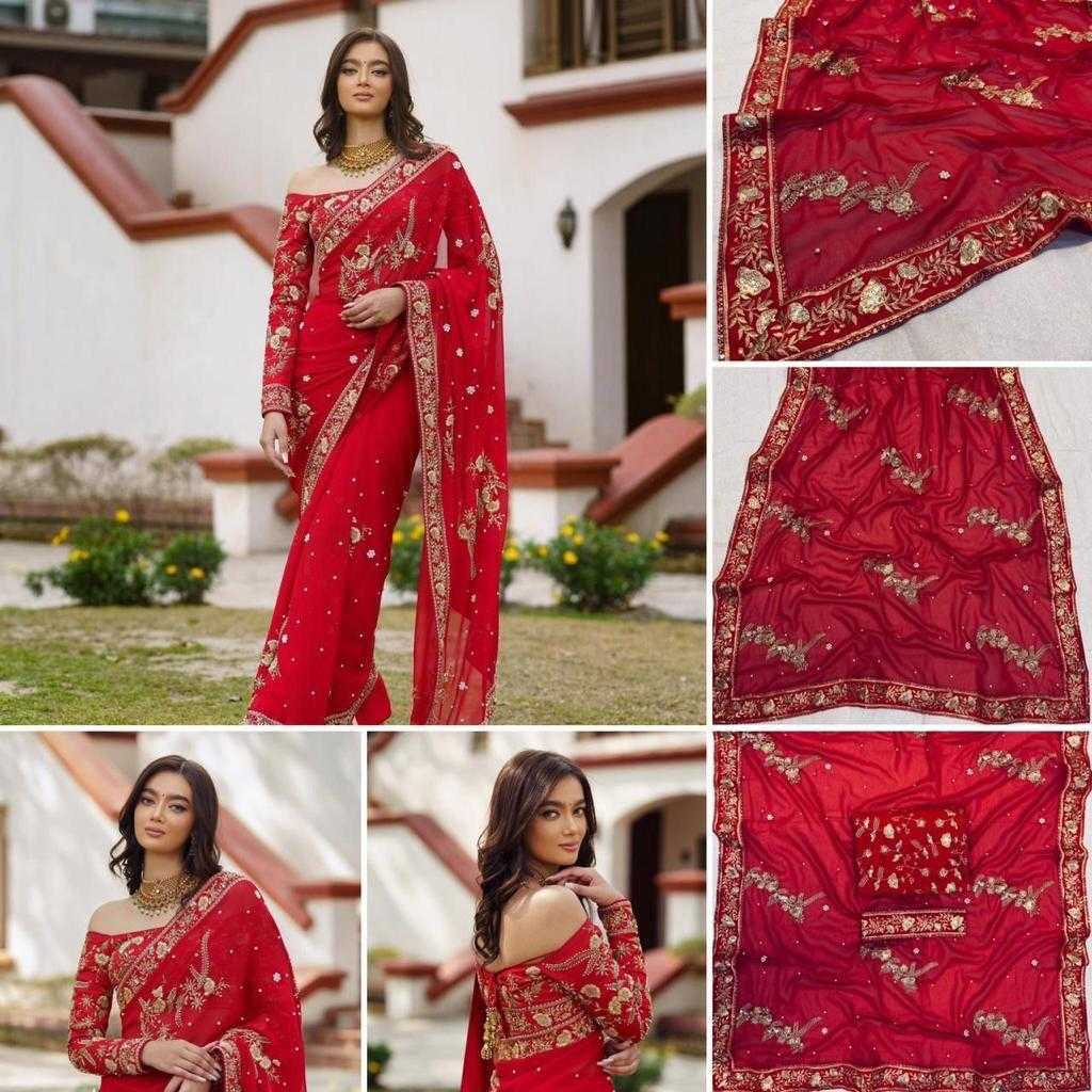Ynf Georgette RIN134 0197 Sarees Wedding Collections Wholesale Georgette Sarees Embroidered Sarees Red Sarees Manufacturer