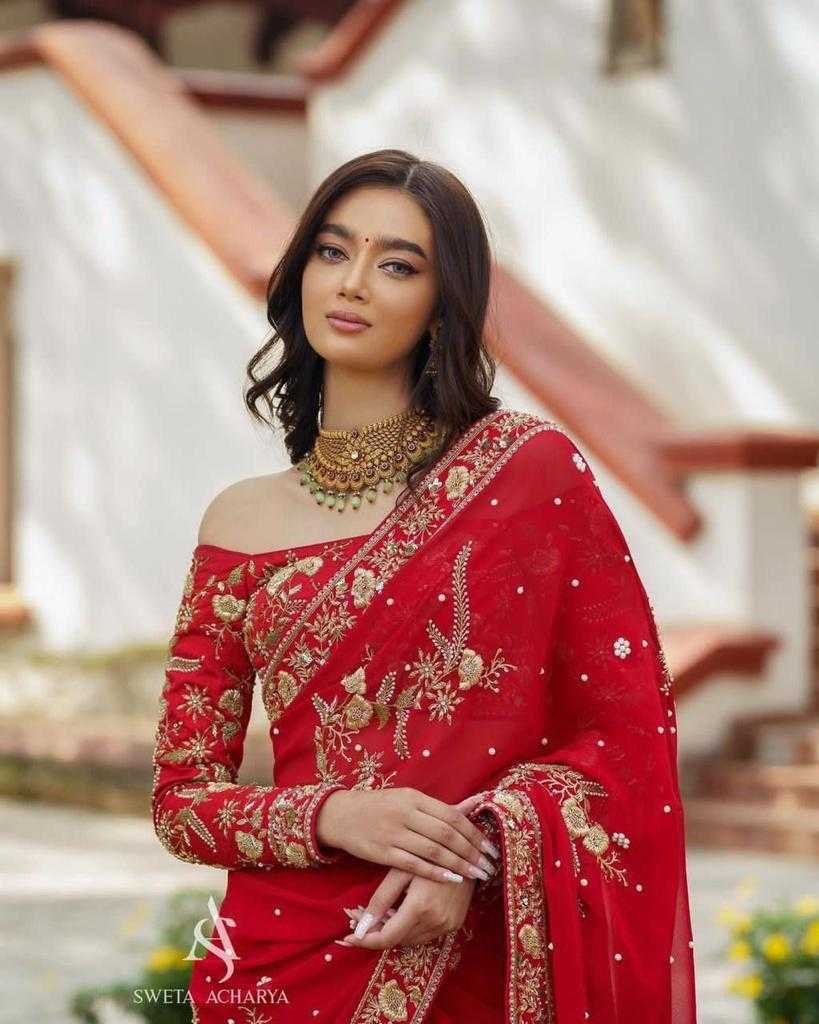 Ynf Georgette RIN134 0197 Sarees Wedding Collections Wholesale Georgette Sarees Embroidered Sarees Red Sarees Manufacturer