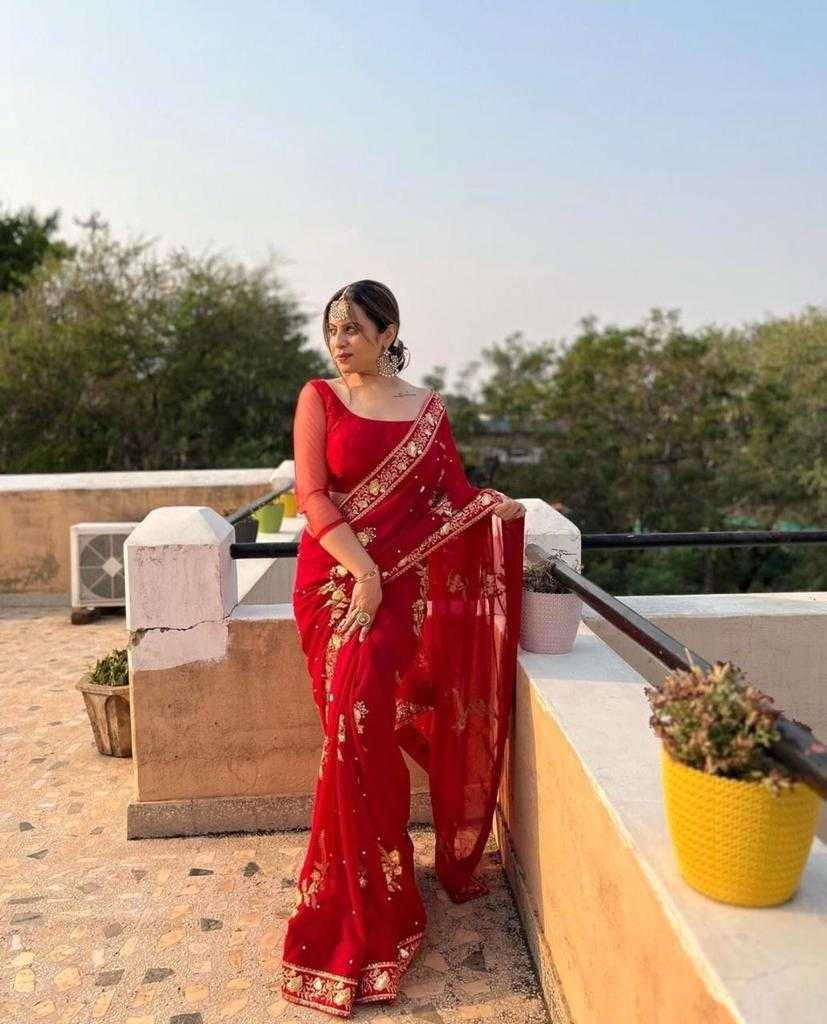 Ynf Georgette RIN134 0197 Sarees Wedding Collections Wholesale Georgette Sarees Embroidered Sarees Red Sarees Manufacturer