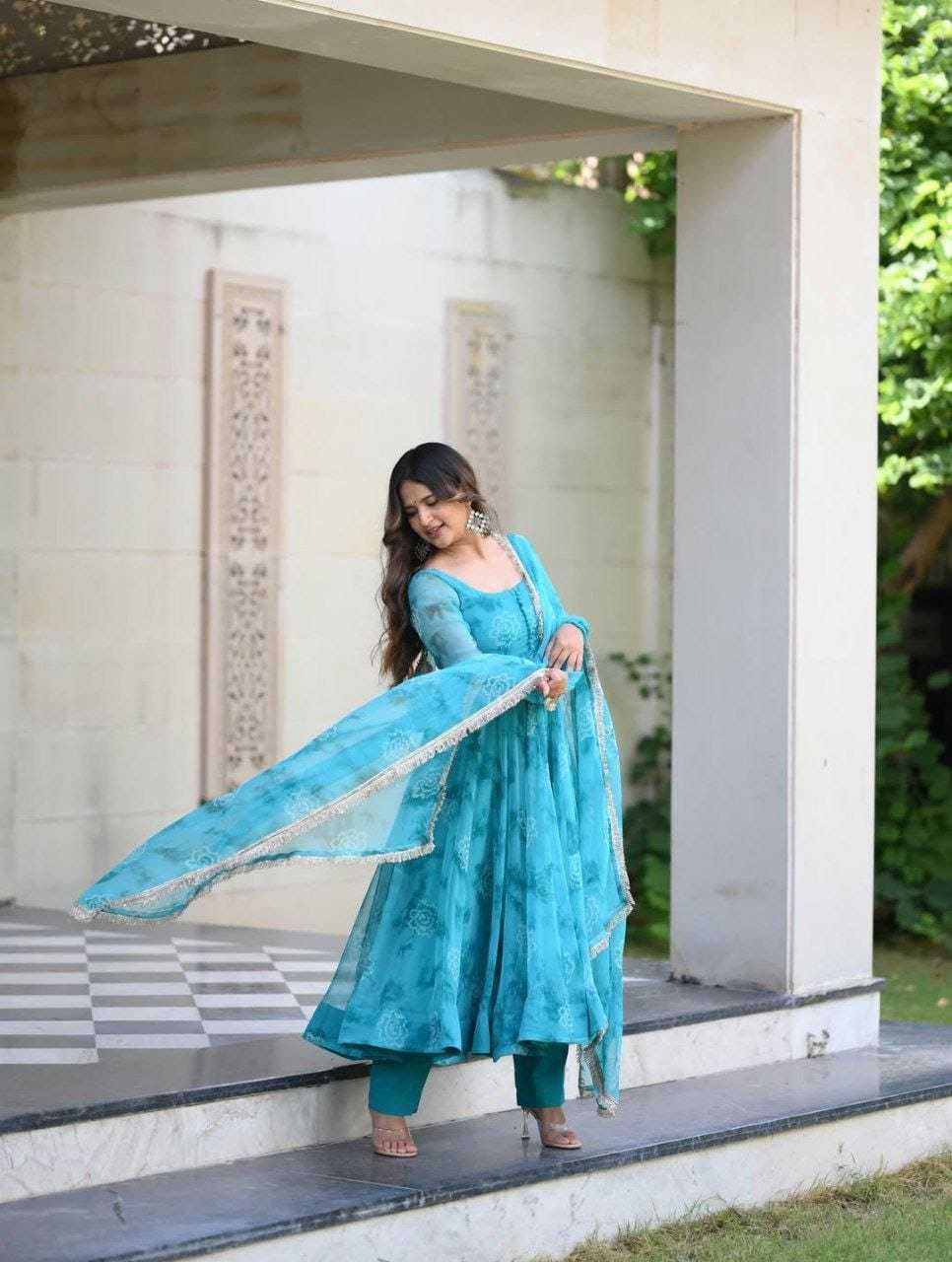 Ynf Georgette RIN157 192 Gowns Plus Size Collections Wholesale Georgette Gown Designer Gowns Blue Gown Manufacturer