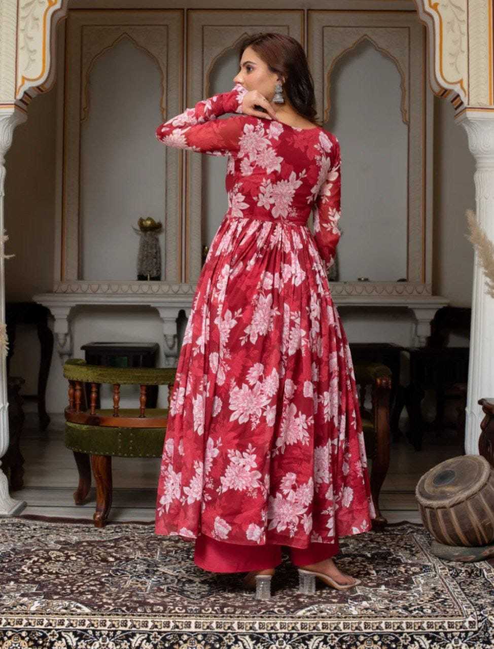 Ynf Georgette RIN157 203 Gowns Plus Size Collections Wholesale Printed Gowns Georgette Gown Maroon Gown Manufacturer