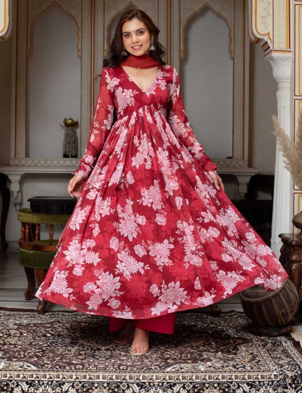 Ynf Georgette RIN157 203 Gowns Plus Size Collections Wholesale Printed Gowns Georgette Gown Maroon Gown Manufacturer