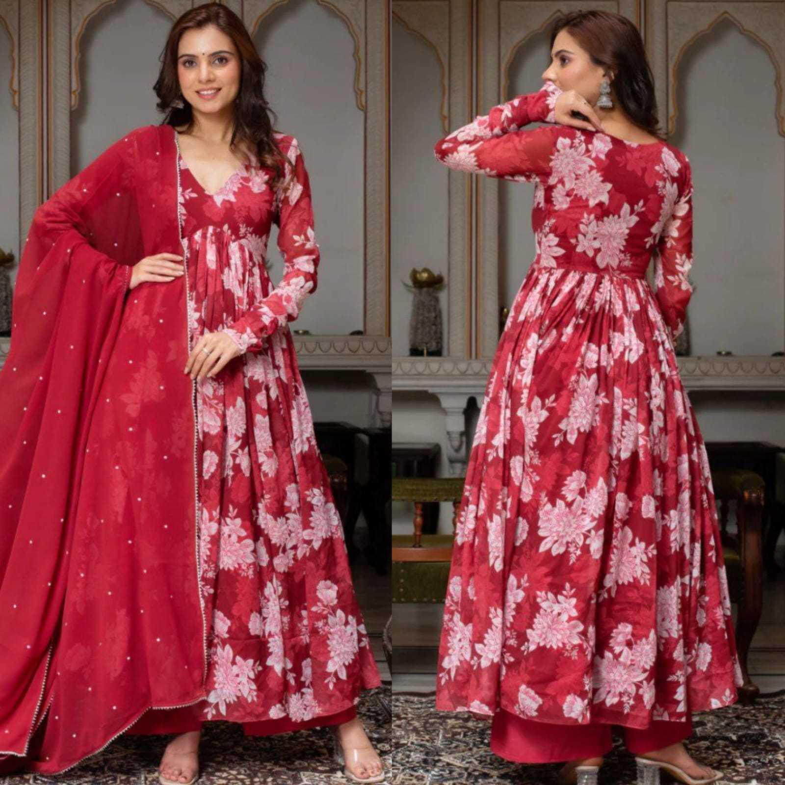 Ynf Georgette RIN157 203 Gowns Plus Size Collections Wholesale Printed Gowns Georgette Gown Maroon Gown Manufacturer