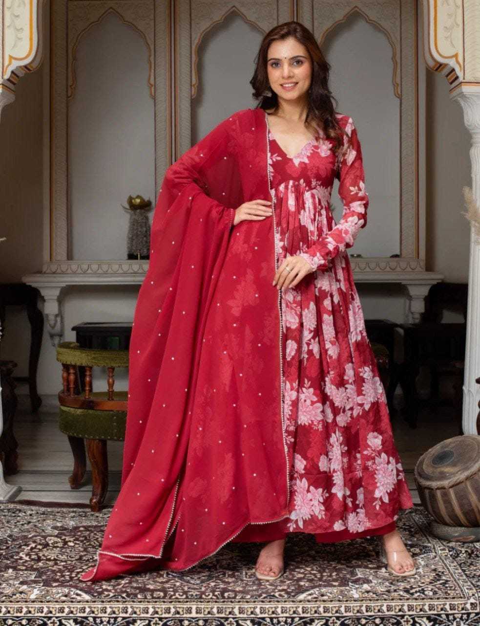 Ynf Georgette RIN157 203 Gowns Plus Size Collections Wholesale Printed Gowns Georgette Gown Maroon Gown Manufacturer