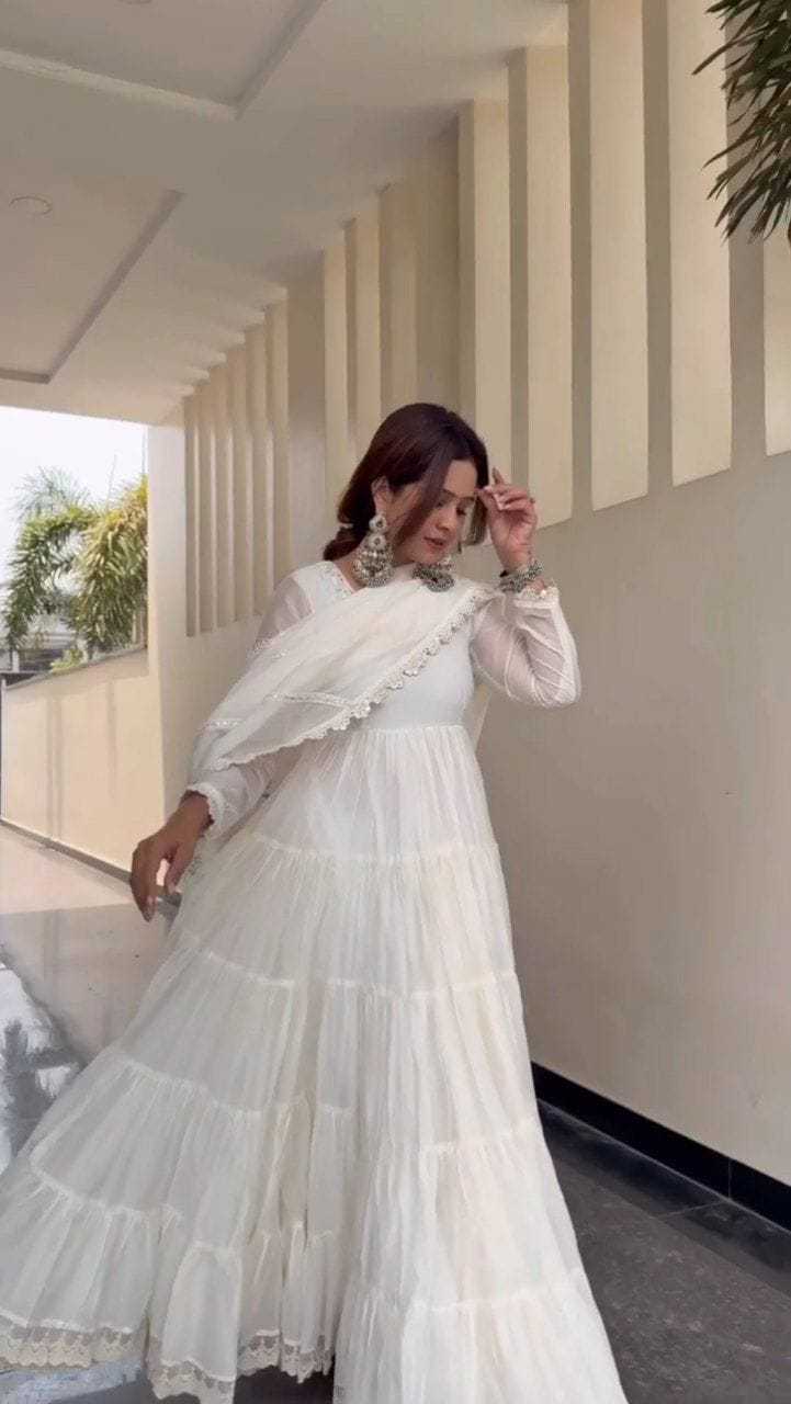 Ynf Georgette RIN157 2108 Gowns Festive Collections Plus Size Collections Wholesale Georgette Gown White Gown Onam Collections Manufacturer
