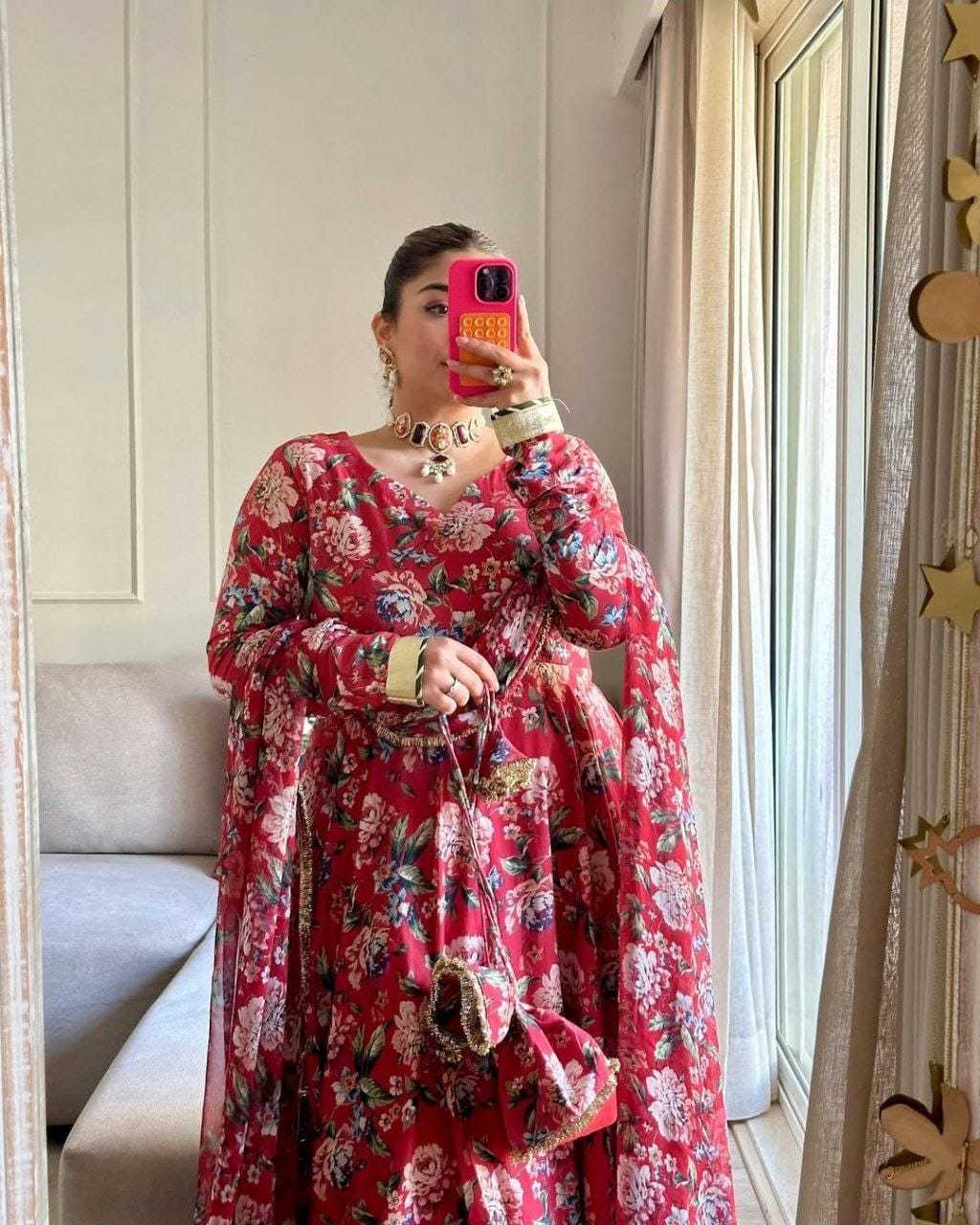 Ynf Georgette RIN157 212 Gowns Plus Size Collections Wholesale Printed Gowns Georgette Gown Red Gown Manufacturer