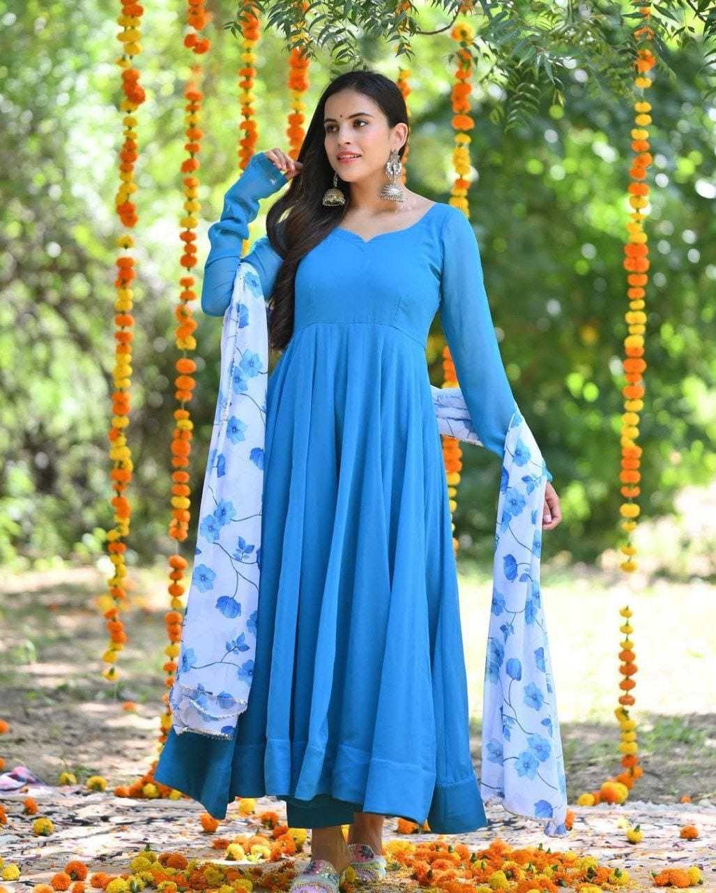Ynf Georgette RIN157 219 Gowns Plus Size Collections Wholesale Party Gowns Georgette Gown Blue Gown Manufacturer
