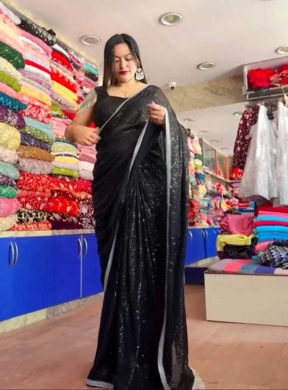 Ynf Georgette RIN157 242 Sarees Wholesale Georgette Sarees Sequin Sarees Black Sarees Manufacturer