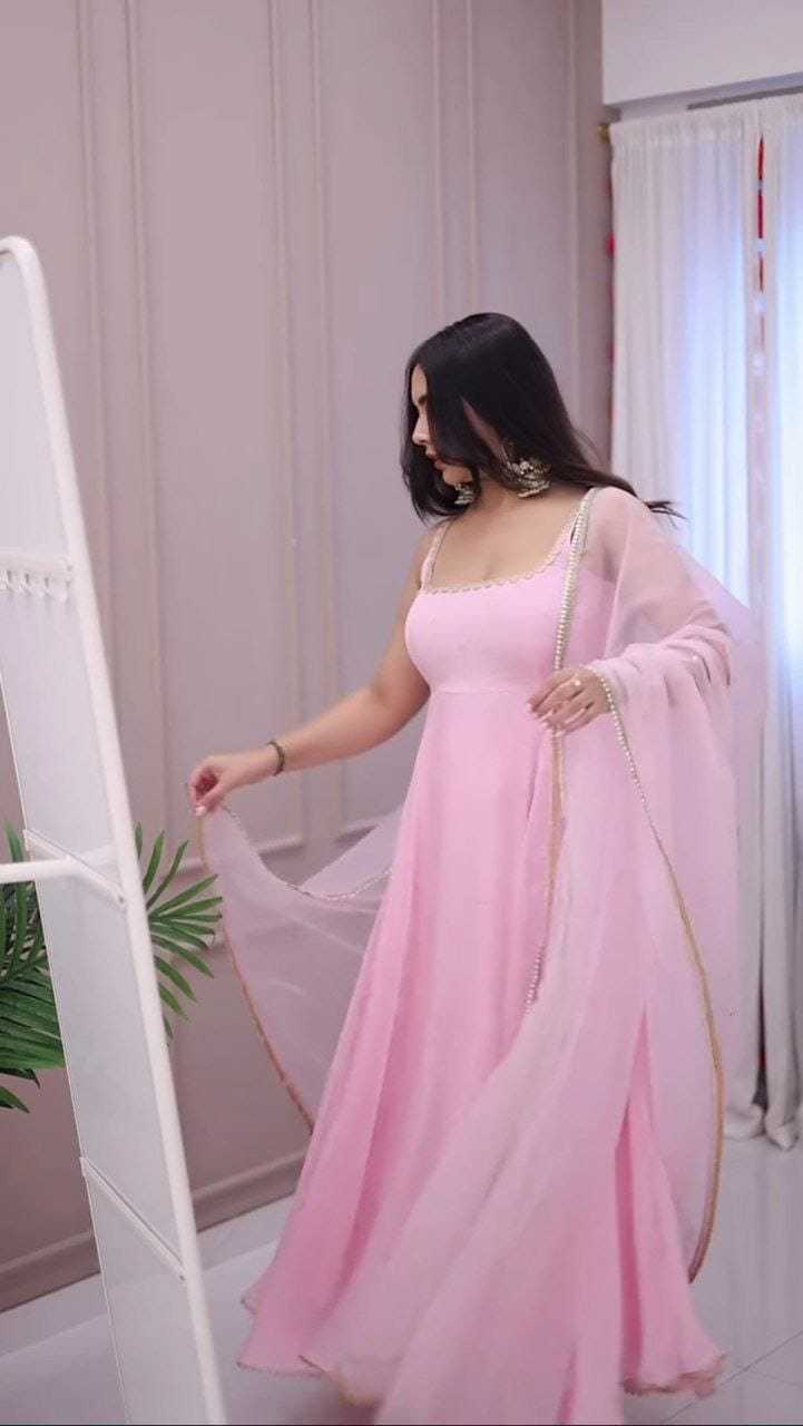 Ynf Georgette RIN157 3086 Gowns Plus Size Collections Wholesale Fancy Gowns Georgette Gown Pink Gown Manufacturer