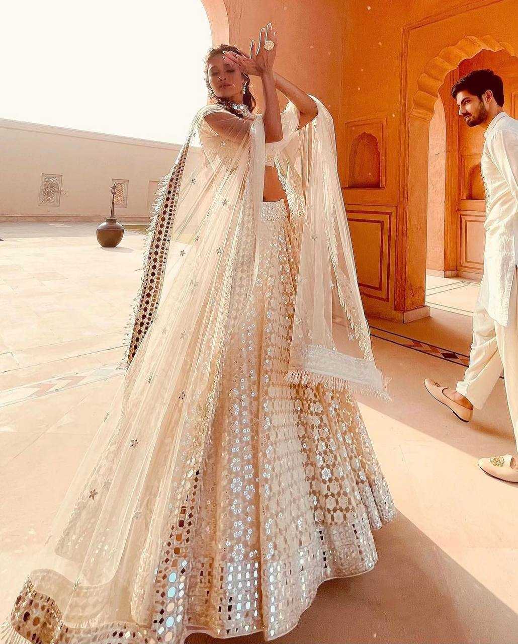 Ynf Georgette RIN213 H14 Lehengas Wholesale Mirror Work Lehenga White Lehenga Manufacturer