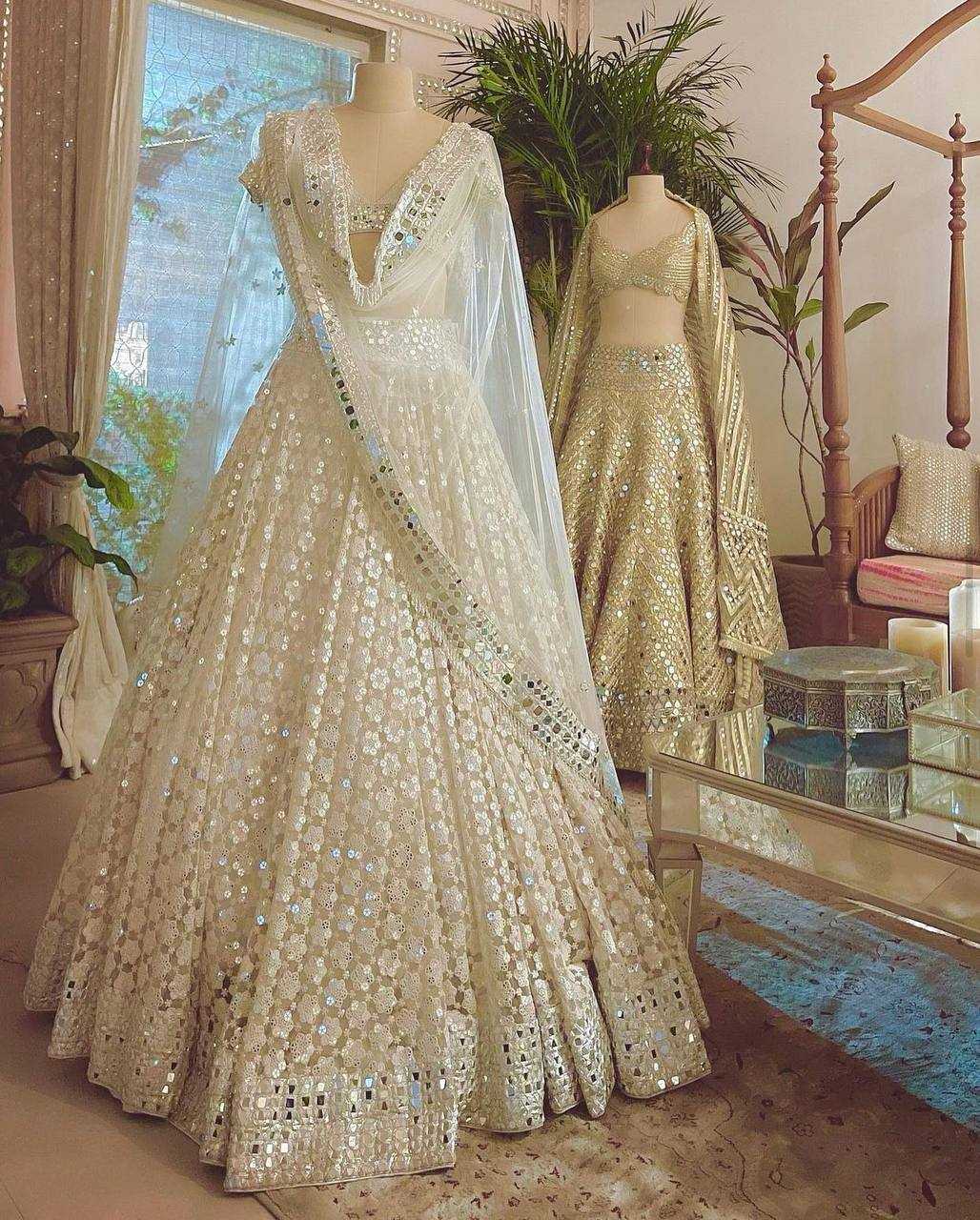 Ynf Georgette RIN213 H14 Lehengas Wholesale Mirror Work Lehenga White Lehenga Manufacturer
