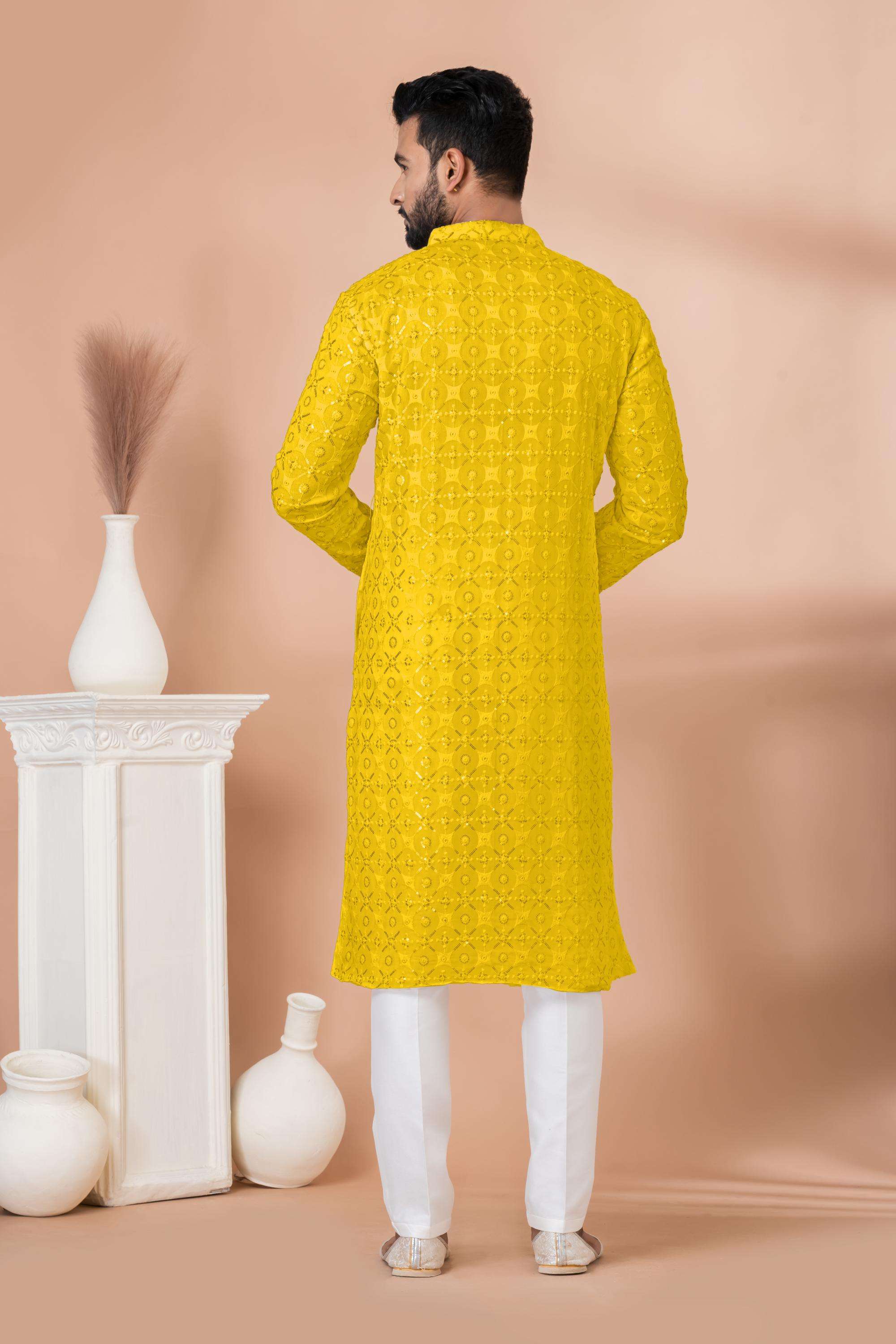 Ynf Georgette RIN223 3309B Mens Wear Wedding Collections Wholesale Men Wedding kurta Embroidered Kurta Pajama Haldi Outfits Manufacturer