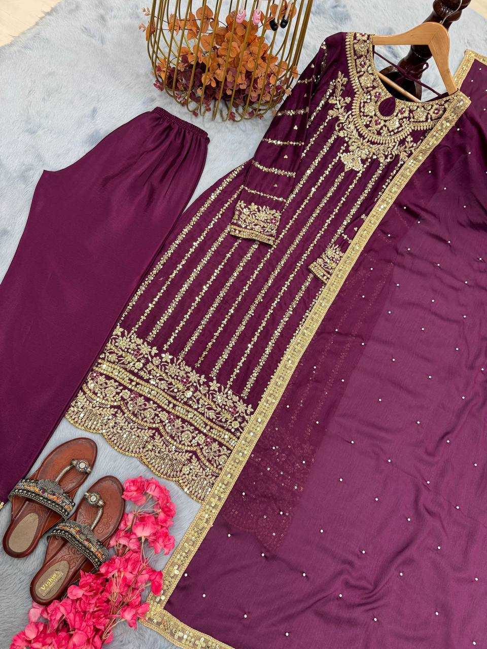 Ynf Heavy Chinnon Silk KESH141 1085 Suits & Dresses Wedding Collections Festive Collections Wholesale Embroidery Suits Palazzo Suit Wedding Outfits Manufacturer