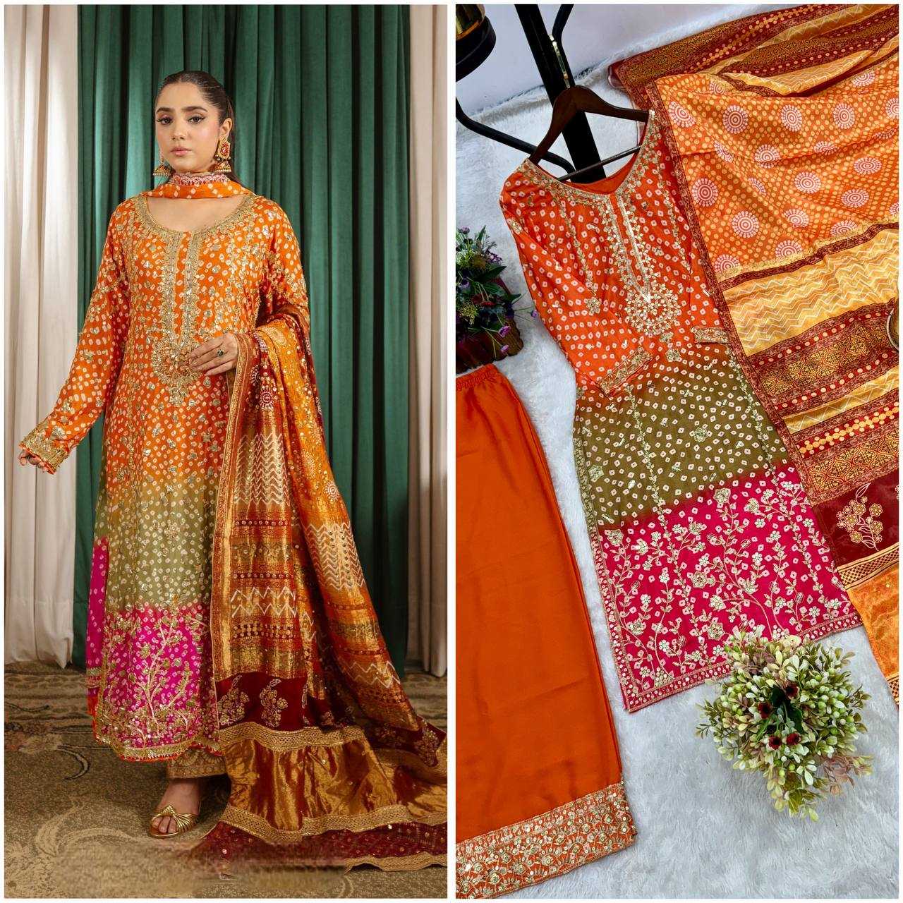 Ynf Heavy Chinnon Silk KESH159 610 Suits & Dresses Wedding Collections Festive Collections Wholesale Embroidery Suits Palazzo Suit Ladies Silk Suit Manufacturer