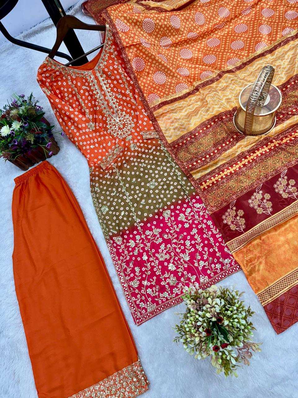 Ynf Heavy Chinnon Silk KESH159 610 Suits & Dresses Wedding Collections Festive Collections Wholesale Embroidery Suits Palazzo Suit Ladies Silk Suit Manufacturer