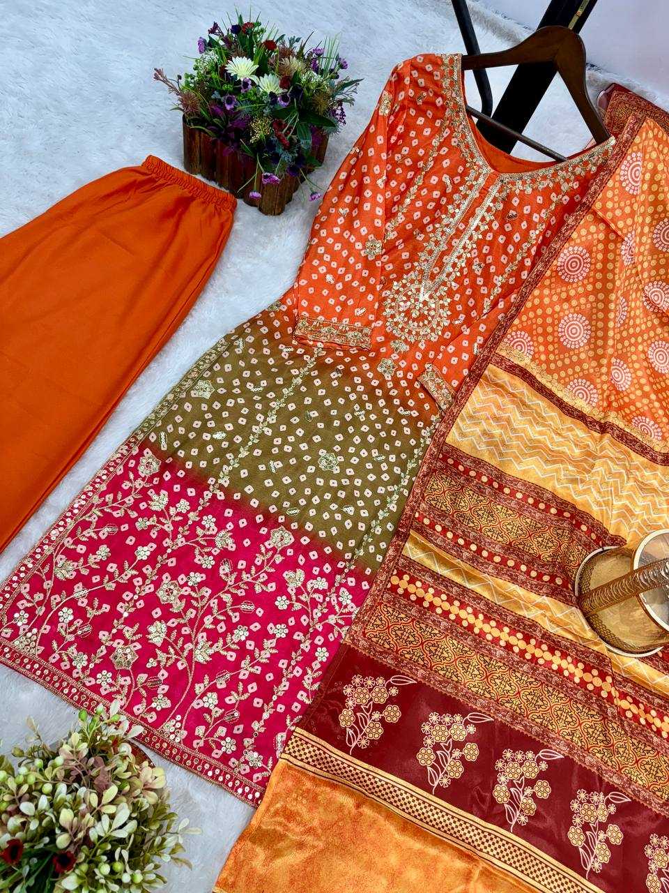 Ynf Heavy Chinnon Silk KESH159 610 Suits & Dresses Wedding Collections Festive Collections Wholesale Embroidery Suits Palazzo Suit Ladies Silk Suit Manufacturer