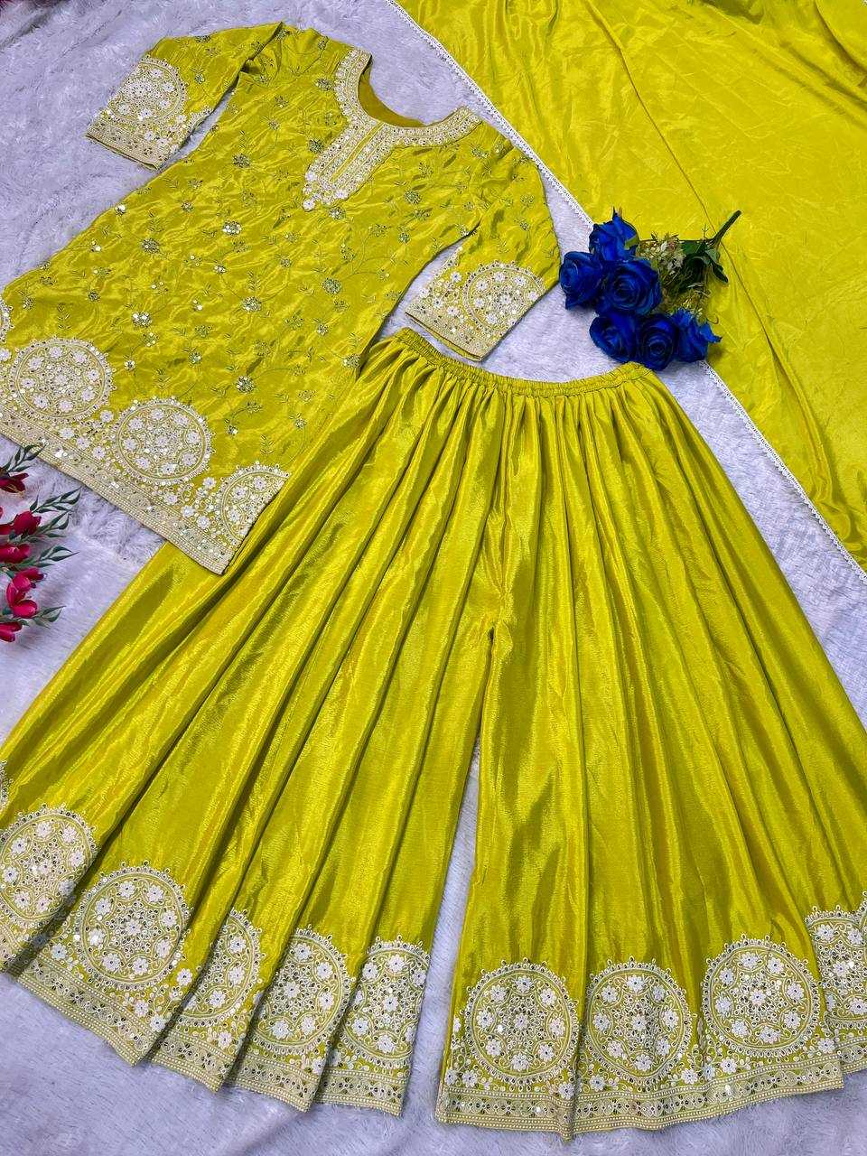 Ynf Heavy Chinnon Silk KESH523 263 Suits & Dresses Wedding Collections Festive Collections Wholesale Palazzo Suit Ladies Silk Suit Embroidered Suits Manufacturer