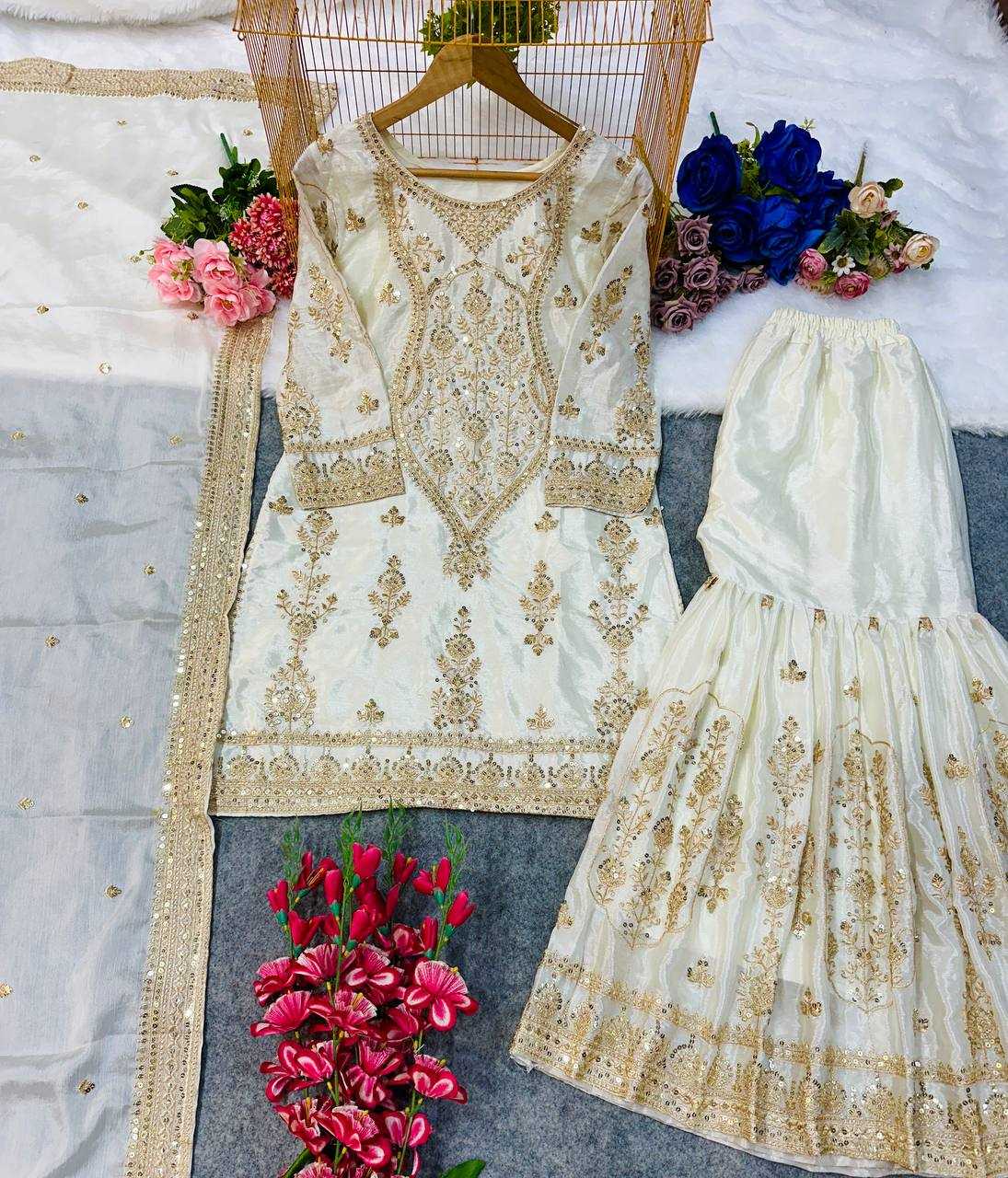 Ynf Heavy Chinnon Silk KESH523 270 Suits & Dresses Wedding Collections Festive Collections Wholesale Sharara Salwar Suits Embroidered Suits Wedding Outfits Manufacturer
