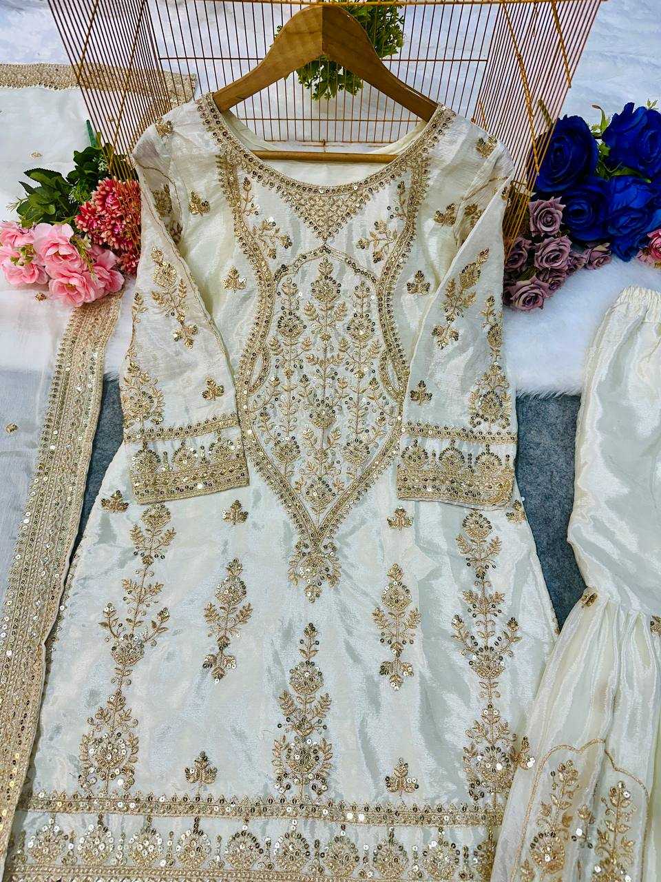Ynf Heavy Chinnon Silk KESH523 270 Suits & Dresses Wedding Collections Festive Collections Wholesale Sharara Salwar Suits Embroidered Suits Wedding Outfits Manufacturer