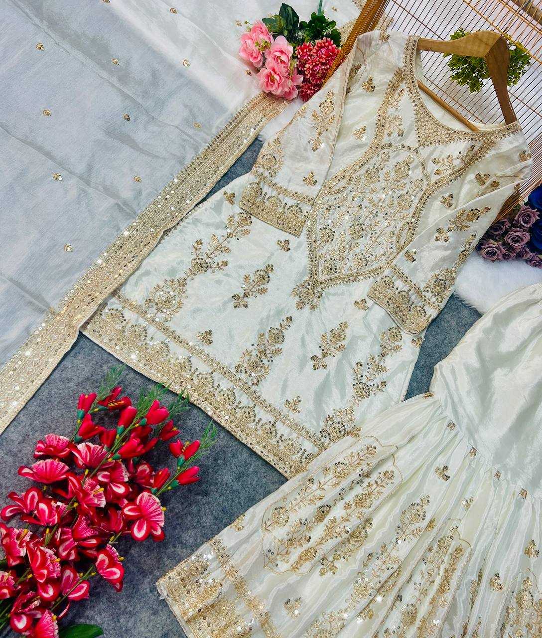 Ynf Heavy Chinnon Silk KESH523 270 Suits & Dresses Wedding Collections Festive Collections Wholesale Sharara Salwar Suits Embroidered Suits Wedding Outfits Manufacturer