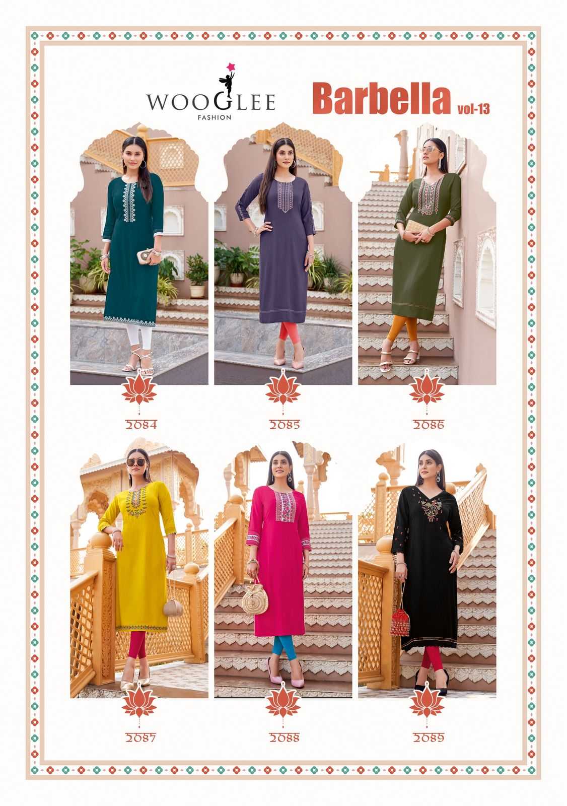 Ynf Heavy Rayon RIN190 Wooglee-Barbella Vol 13 Setwise Collections Wholesale Kurtis Catalogs Manufacturer