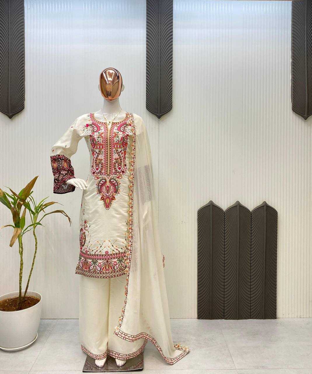 Ynf Heavy Roman Silk RIN141 1966 Suits & Dresses Wedding Collections Festive Collections Wholesale Palazzo Suit Ladies Silk Suit Embroidered Suits Manufacturer