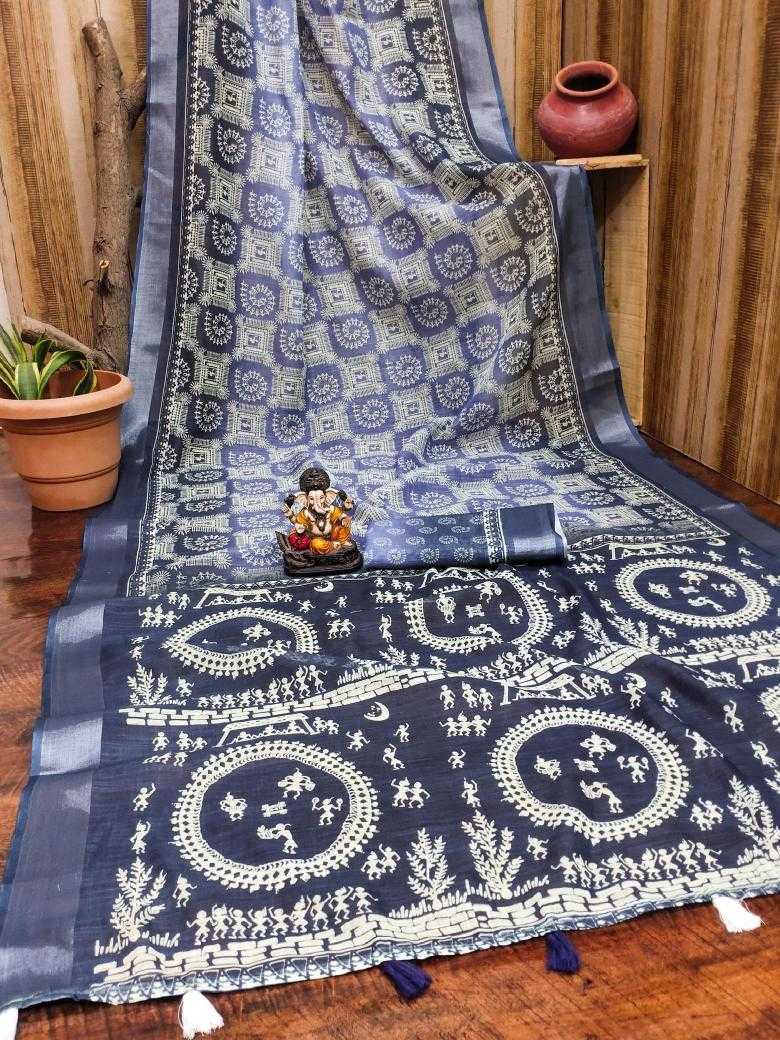 Ynf Linen RIN183 SILVER LINEN Sarees Wholesale Printed Sarees Cotton Linen Sarees Batik Sarees Manufacturer