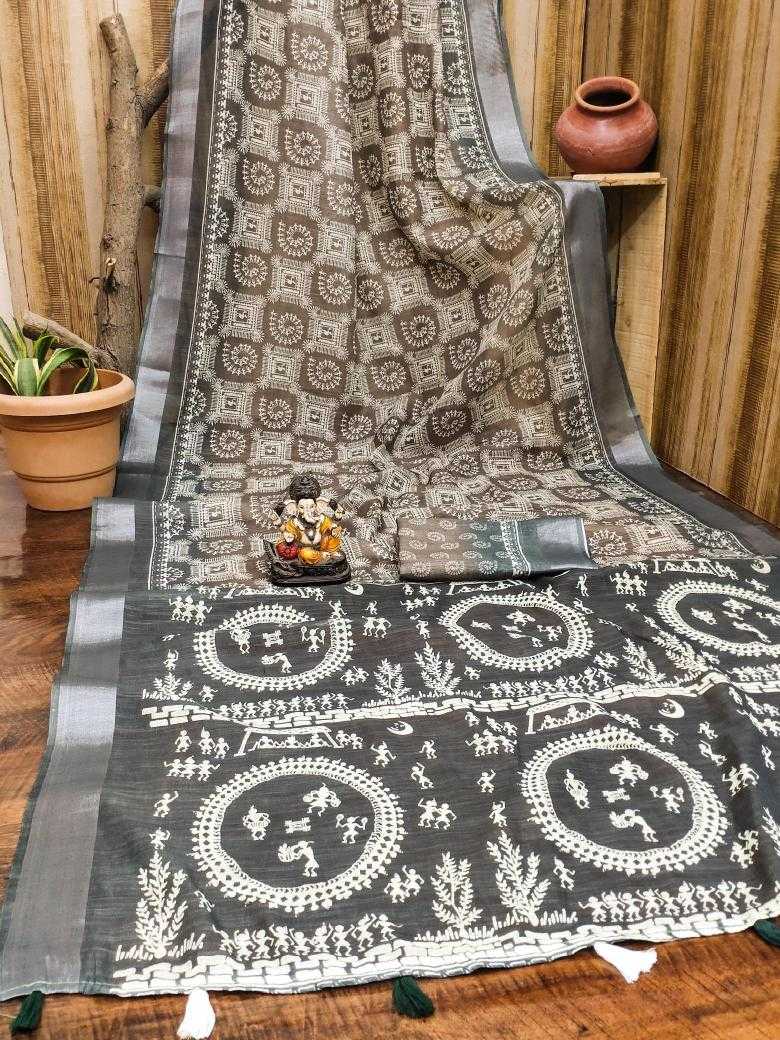 Ynf Linen RIN183 SILVER LINEN Sarees Wholesale Printed Sarees Cotton Linen Sarees Batik Sarees Manufacturer