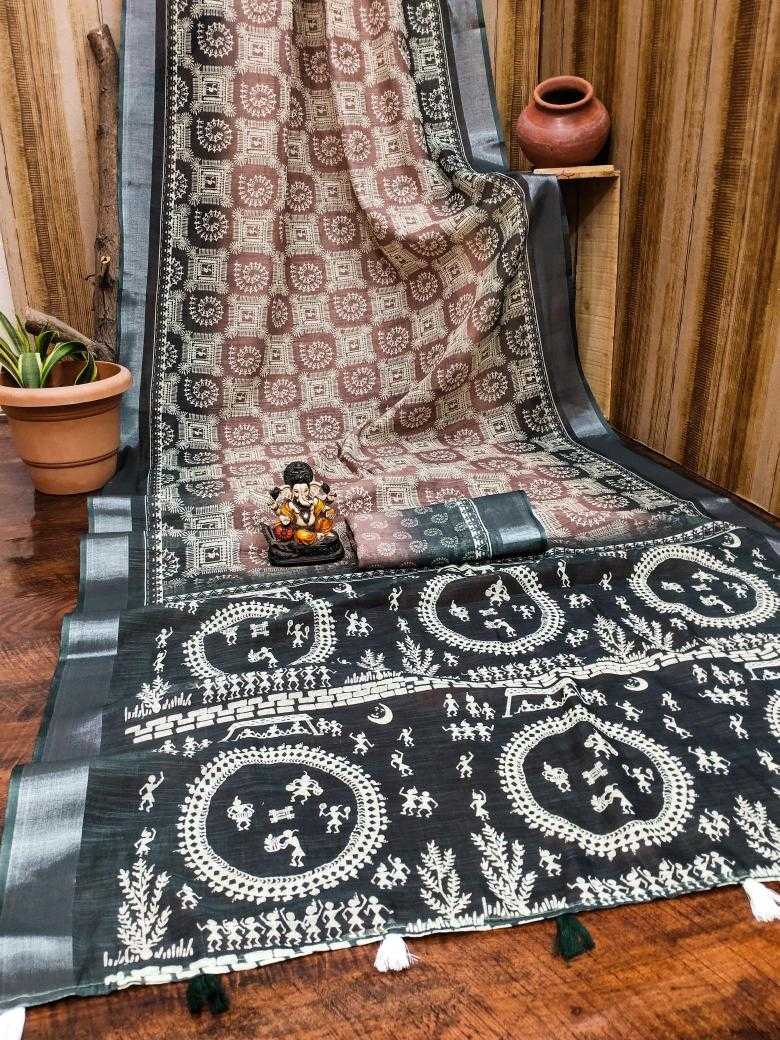 Ynf Linen RIN183 SILVER LINEN Sarees Wholesale Printed Sarees Cotton Linen Sarees Batik Sarees Manufacturer
