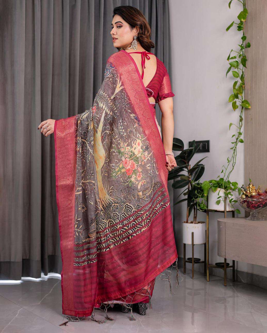 Ynf Linen RIN231 REELS SH LJ 01 Sarees Wholesale Printed Sarees Linen Sarees Festive Sarees Manufacturer