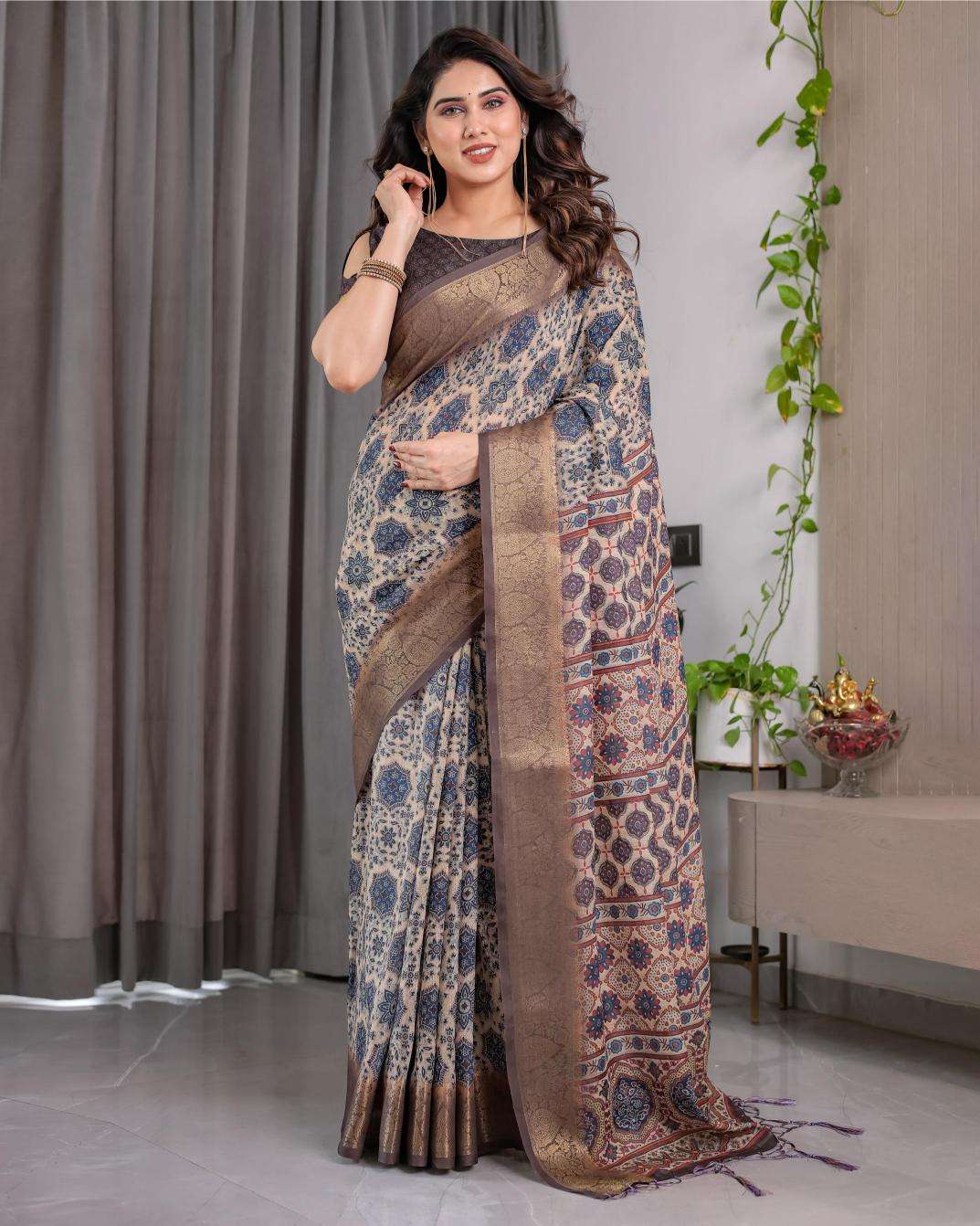 Ynf Linen RIN231 REELS SH LJ 01 Sarees Wholesale Printed Sarees Linen Sarees Festive Sarees Manufacturer