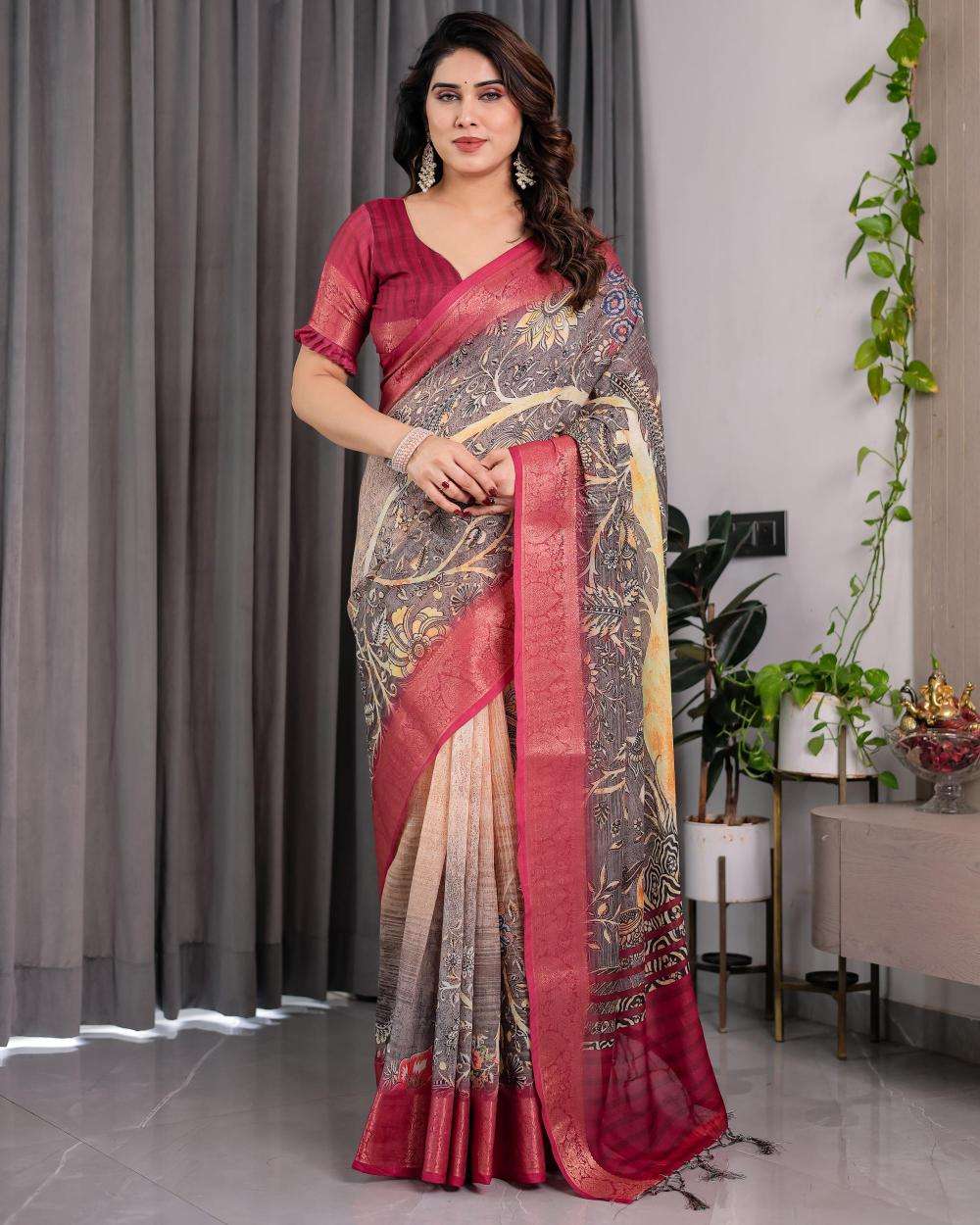 Ynf Linen RIN231 REELS SH LJ 01 Sarees Wholesale Printed Sarees Linen Sarees Festive Sarees Manufacturer