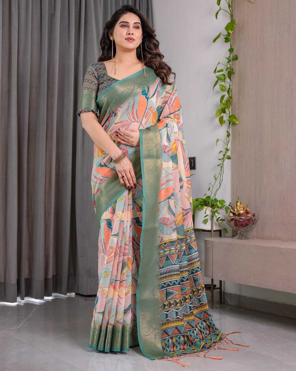 Ynf Linen RIN231 SANDY Sarees Wholesale Floral Sarees Linen Sarees Manufacturer