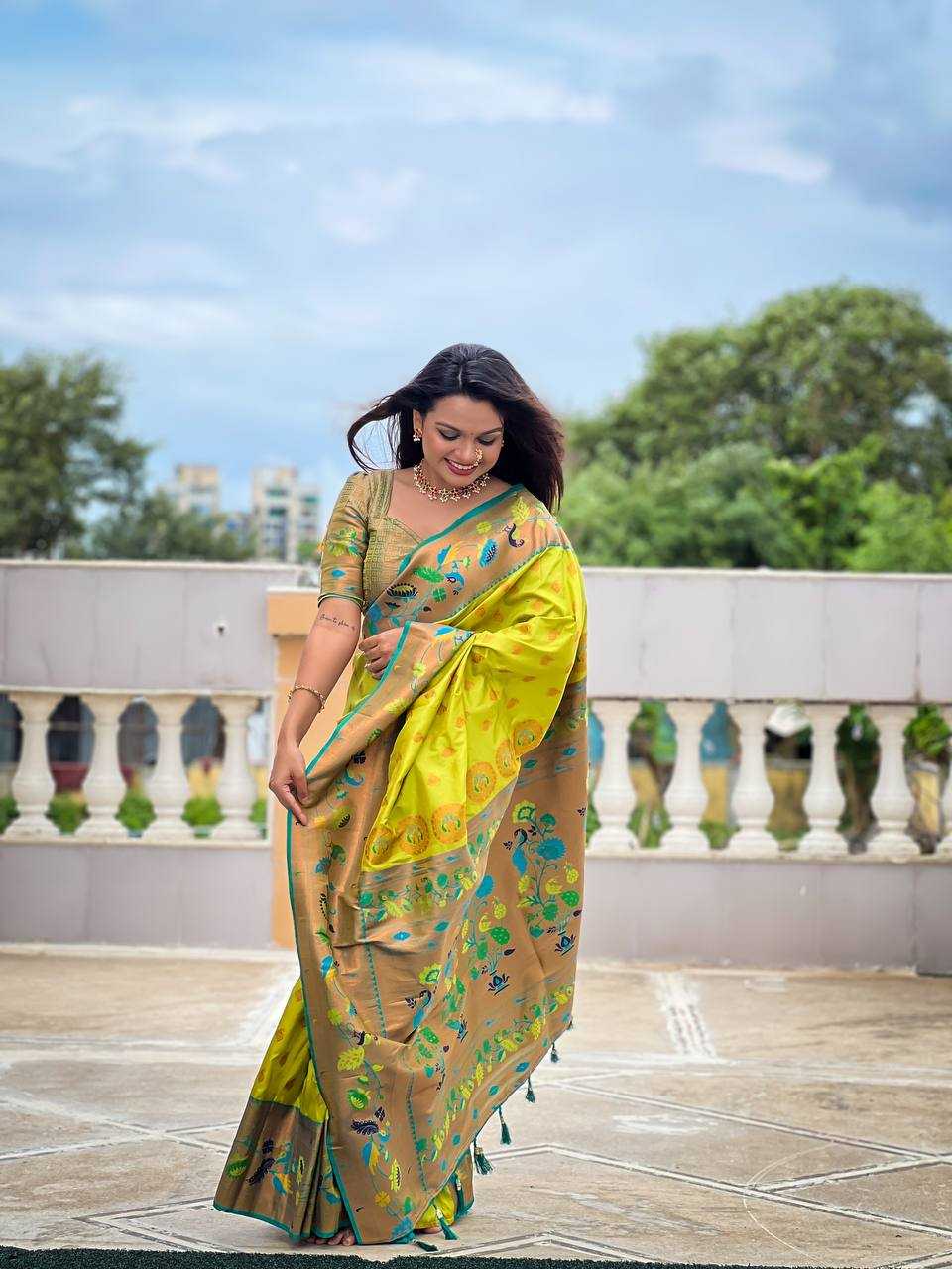 Ynf Paithani Silk RIN150 Marigold Paithani Silk Sarees Wedding Collections Festive Collections Wholesale Paithani Sarees Traditional Silk Sarees Silk Sarees With Blouse Manufacturer