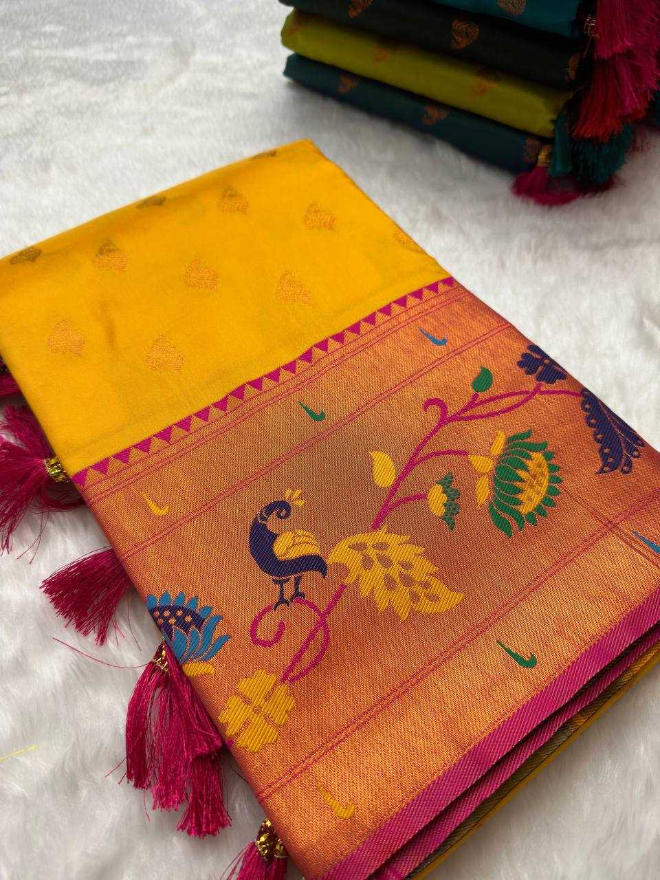 Ynf Paithani Silk RIN150 Marigold Paithani Silk Sarees Wedding Collections Festive Collections Wholesale Paithani Sarees Traditional Silk Sarees Silk Sarees With Blouse Manufacturer