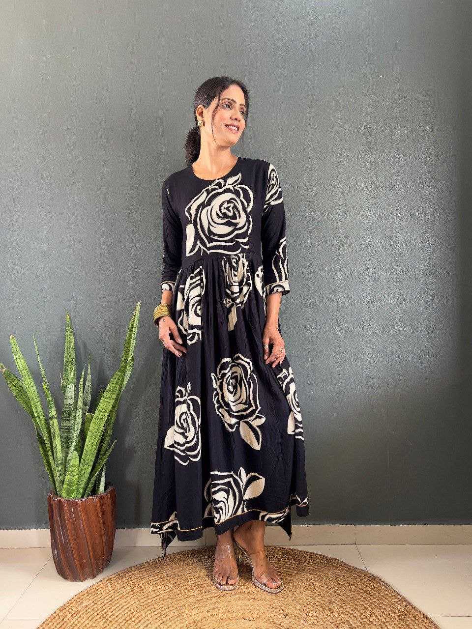 Ynf Rayon KESH554 Black Gowns Wholesale Fancy Gowns Designer Gowns Floral Print Gowns Manufacturer