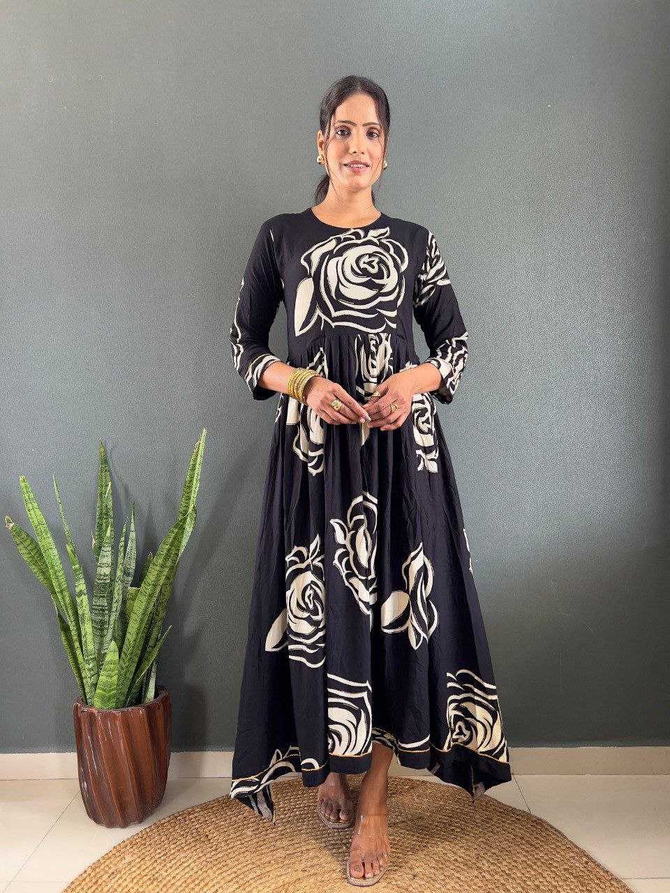 Ynf Rayon KESH554 Black Gowns Wholesale Fancy Gowns Designer Gowns Floral Print Gowns Manufacturer